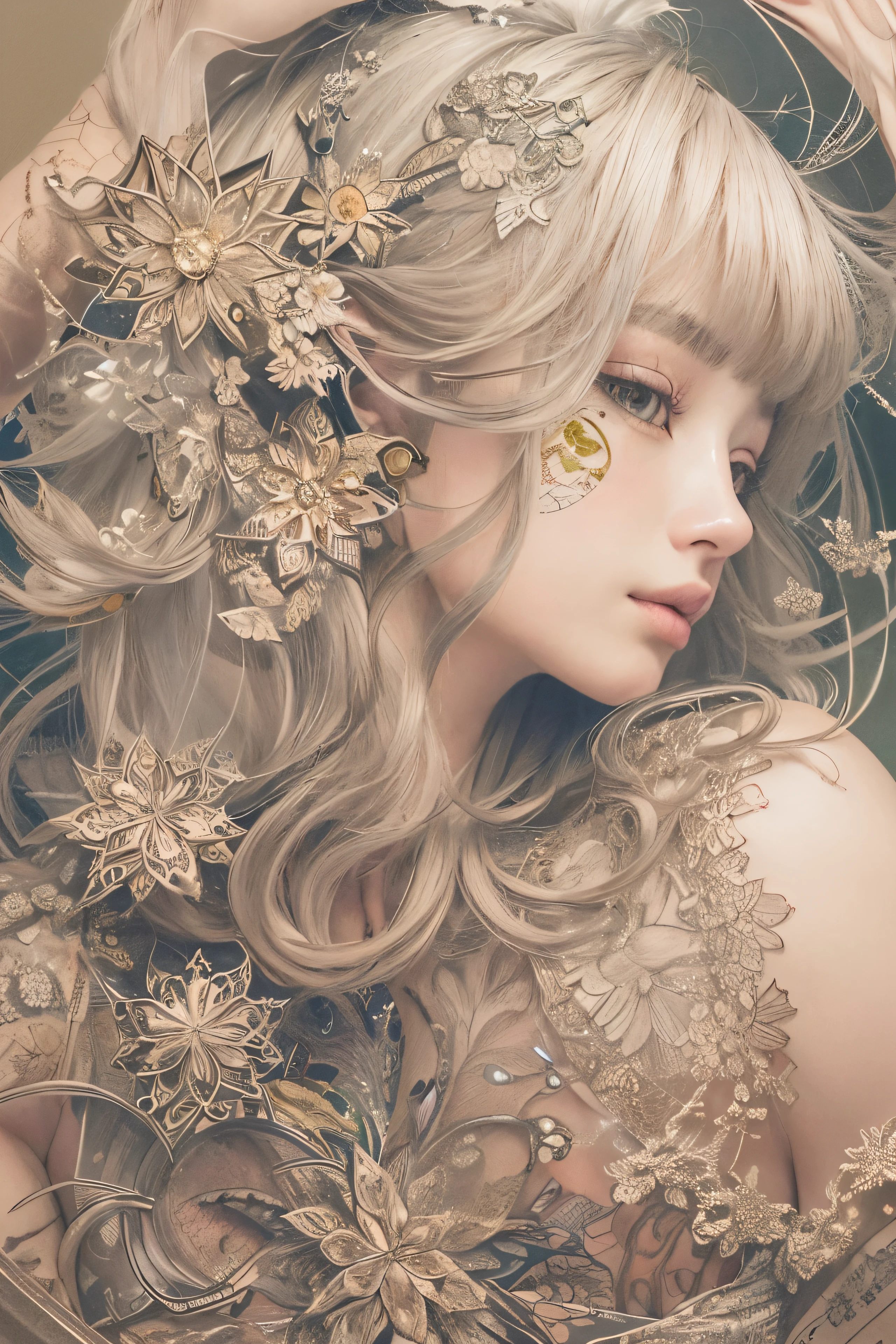 ((((masterpiece))), tattoo、Highest quality, An illustration, Beautiful details shine,
paper_cut, The details of a fragile girl's face captured on camera, wood, moon, butterfly,Wind、star、spider、Ladybug、centipede