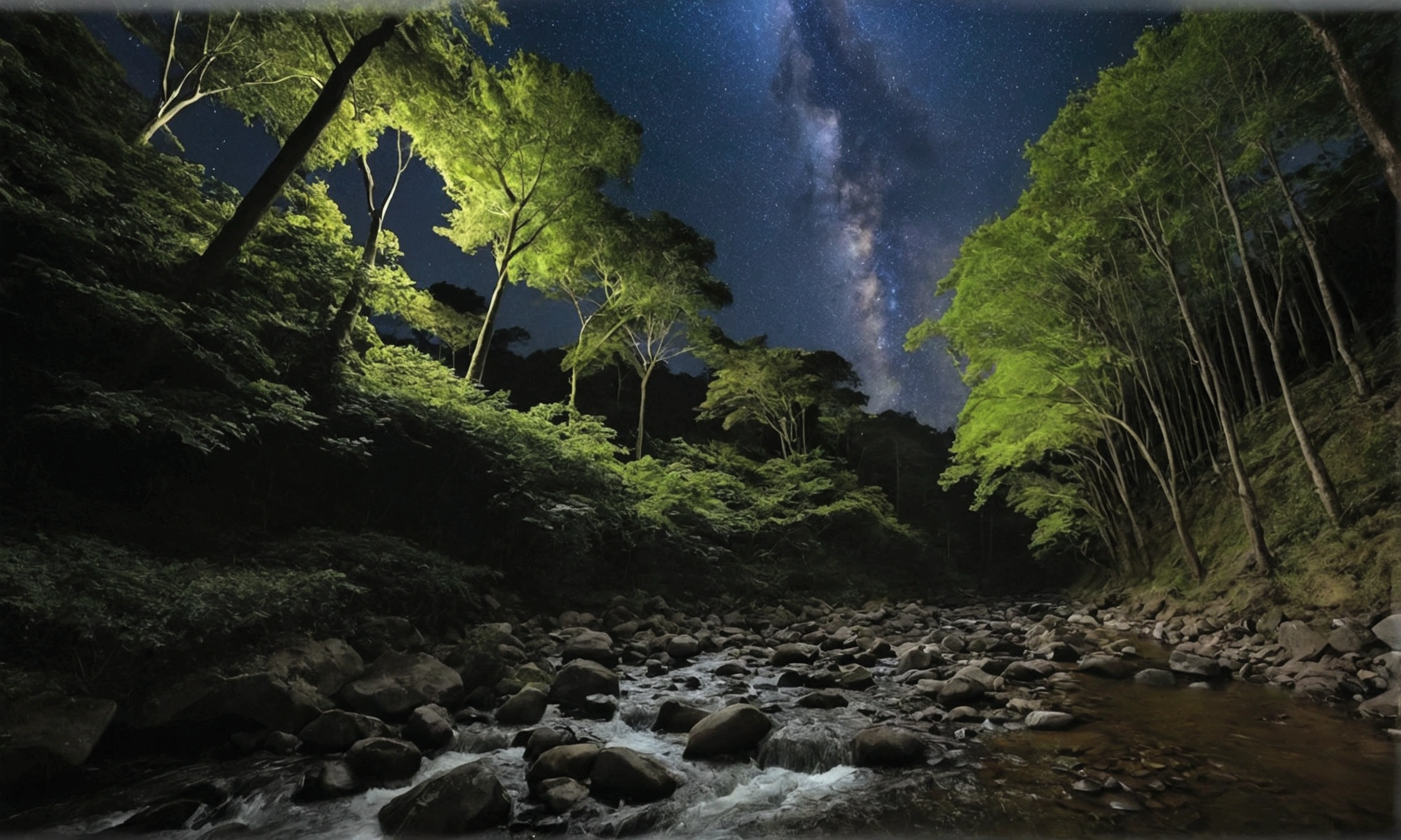 There is a stream flowing through the forest.、Looking up and the tree々You can see the starry sky from between the walls。Quite dark。