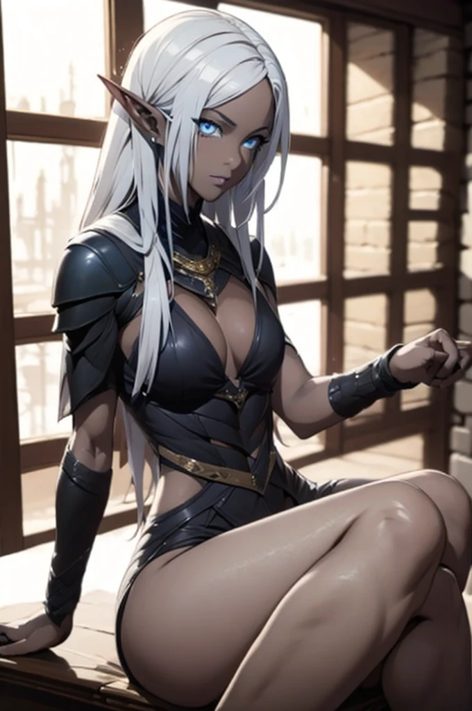 ((master piece)), ((very detailed, high quality)), dynamic angle, 1woman, solo, looking at viewer, white long hair, wearing a leather Armor, big beautiful blue eyes, beautiful body, blue eyes, big bust, (sexy, flirting), lips, drow, dark elf, pointy ears, ((grey skin, dark skin)), arrogant, ((bulge)), ((sitting in a tavern, talking to other people)), sfw,