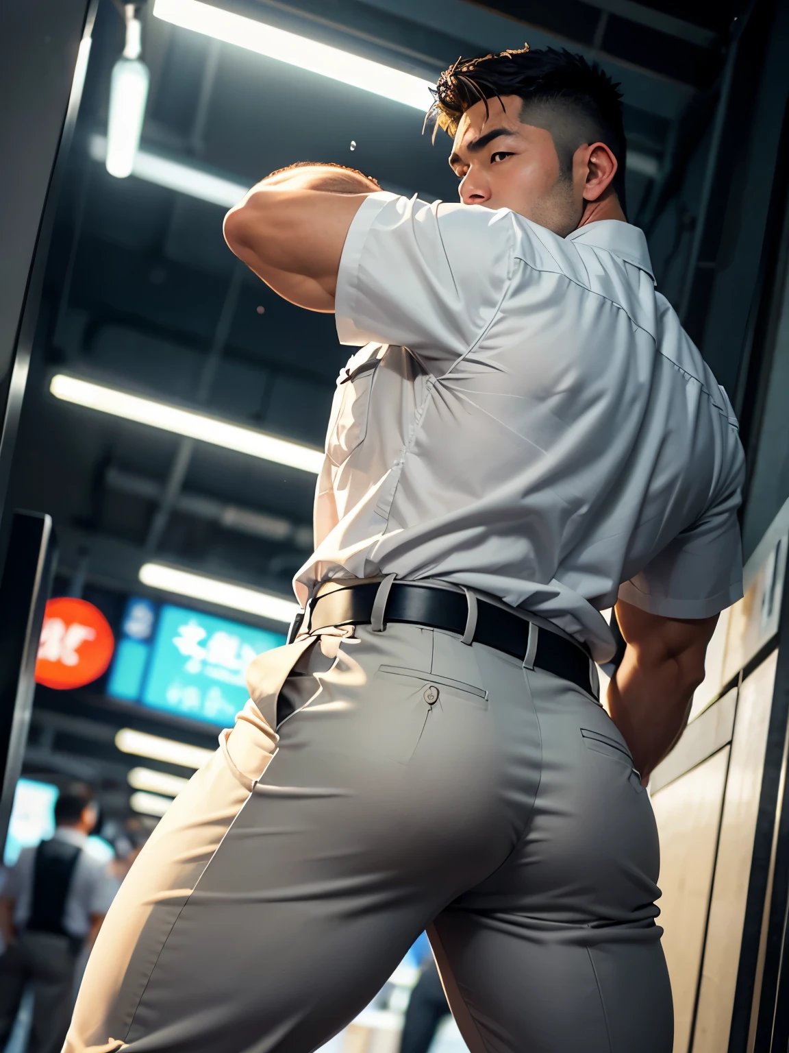 40-year-old boy Japanese muscular male in white police uniform., wearing light grey slack formal pants...........gooning seductive expression.................... dripping on body and pants...................., arching back............... looking back to the camera. [[ big unrealistic butt,]] hairy legs.................. muscular thigh......................close up on butt........low angle camera.......... muscular thigh........... night dark alley