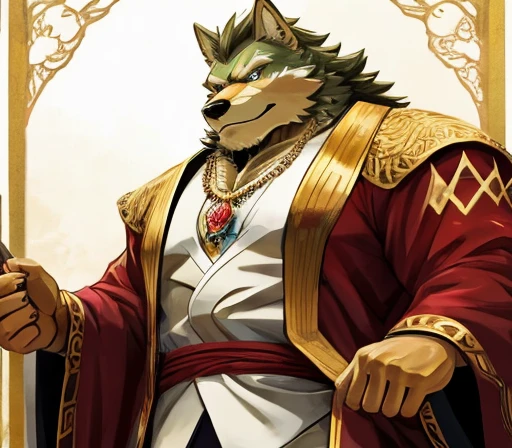 masterpiece,high quality,Japanese Manga,Exquisite eyes, Male wolf orc,Golden animal hair,Wave pattern pendant,mayor,Dressed in a neat white suit, Great physique,Strong arms make a man'Charm, , (Sitting at a desk), , (Lightning bolt pattern), (Older and more mature)