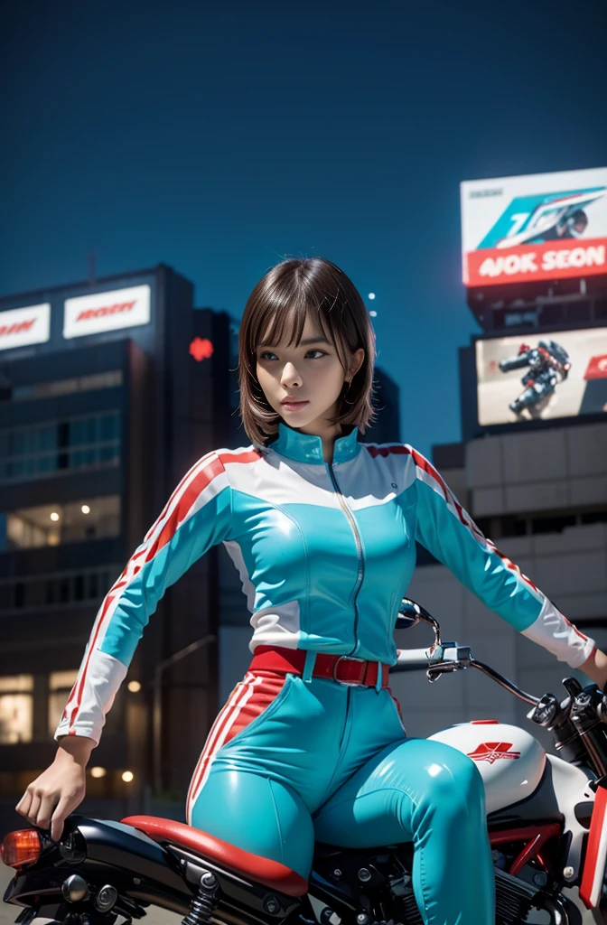close up view of a woman with glossy armor in cyan color with neon red stripes, red pants with three white stripes, she has round glass helmet, she riding on white futuristic motorbike during nightime, fast and furious, neons lighting and billboards city. 