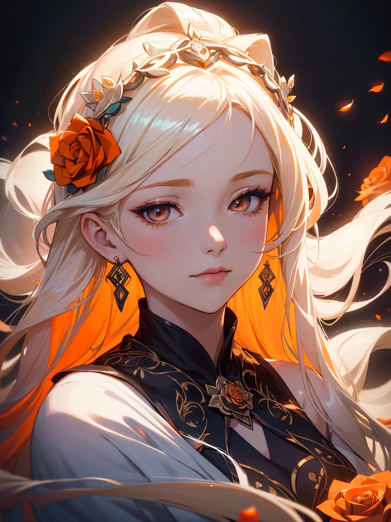 (((Portrait Photo))), She has the Appearance of a Mystical and Graceful Woman, with an Aura of Elegance and Enchantment that Draws Everyone's Gaze. Her Long, Flowing Hair, a Striking Blend of Platinum Blonde and Light Orange, Falls in Soft Waves Around Her Shoulders, Adorned with Roses that Enhance Her Presence. Her Luminous Eyes, Soft Yet Intense, Reflect a Gentle Wisdom and Deep Contemplation. Her Expression is Serene and Thoughtful, with a Hint of Mystical Allure, Reflecting Her Profound Depth and Intriguing Nature. (((Dark Background))), (((Portrait Photo))), (((Beautifully Embroidered White and Orange Garment))), (((Roses Hair Ornaments)))