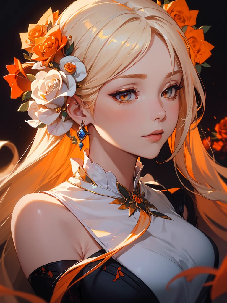(((Portrait Photo))), She has the Appearance of a Mystical and Graceful Woman, with an Aura of Elegance and Enchantment that Draws Everyone's Gaze. Her Long, Flowing Hair, a Striking Blend of Platinum Blonde and Light Orange, Falls in Soft Waves Around Her Shoulders, Adorned with Roses that Enhance Her Presence. Her Luminous Eyes, Soft Yet Intense, Reflect a Gentle Wisdom and Deep Contemplation. Her Expression is Serene and Thoughtful, with a Hint of Mystical Allure, Reflecting Her Profound Depth and Intriguing Nature. (((Dark Background))), (((Portrait Photo))), (((Beautifully Embroidered White and Orange Garment))), (((Roses Hair Ornaments)))