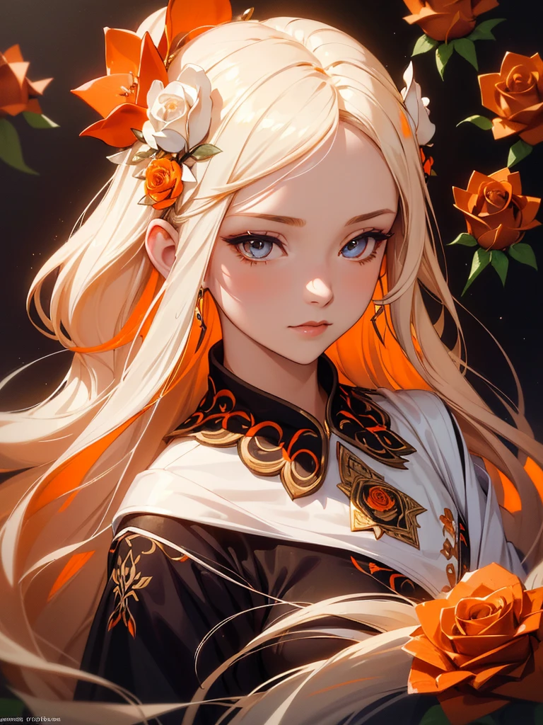 (((Portrait Photo))), She has the Appearance of a Mystical and Graceful Woman, with an Aura of Elegance and Enchantment that Draws Everyone's Gaze. Her Long, Flowing Hair, a Striking Blend of Platinum Blonde and Light Orange, Falls in Soft Waves Around Her Shoulders, Adorned with Roses that Enhance Her Presence. Her Luminous Eyes, Soft Yet Intense, Reflect a Gentle Wisdom and Deep Contemplation. Her Expression is Serene and Thoughtful, with a Hint of Mystical Allure, Reflecting Her Profound Depth and Intriguing Nature. (((Dark Background))), (((Portrait Photo))), (((Beautifully Embroidered White and Orange Garment))), (((Roses Hair Ornaments)))
