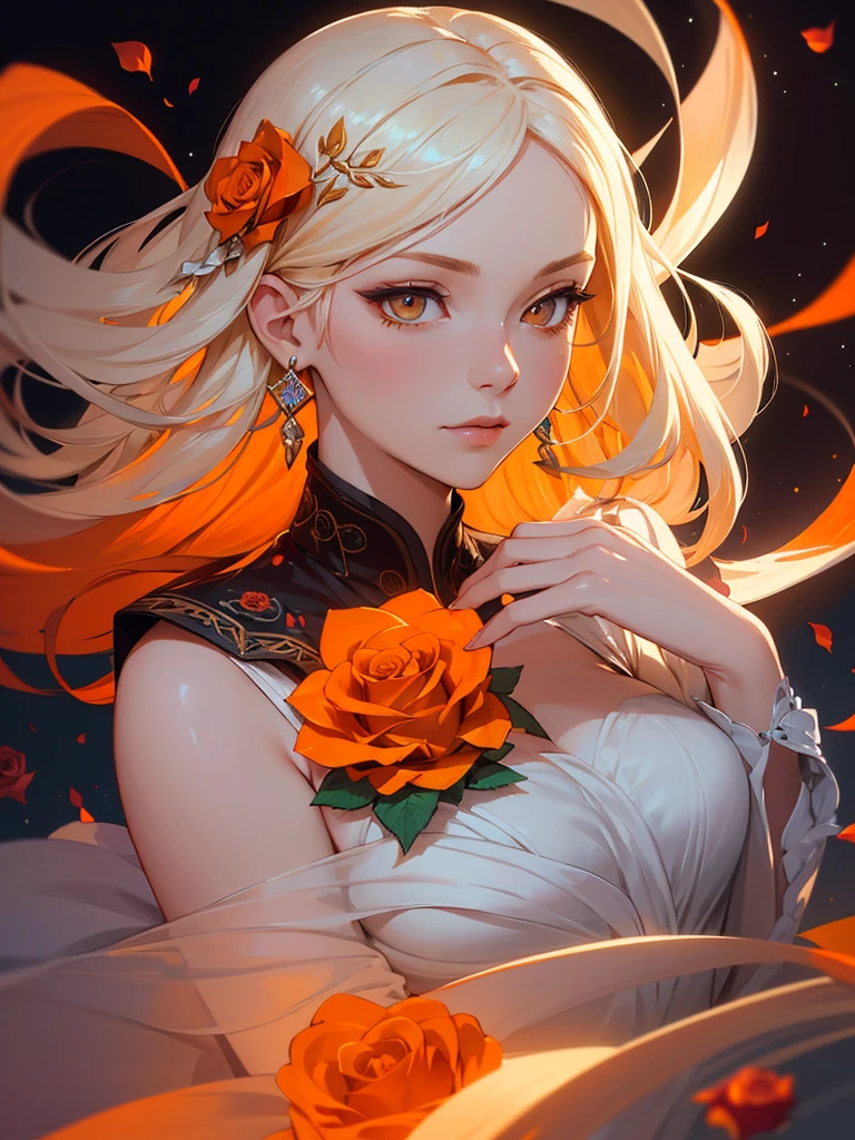 (((Portrait Photo))), She has the Appearance of a Mystical and Graceful Woman, with an Aura of Elegance and Enchantment that Draws Everyone's Gaze. Her Long, Flowing Hair, a Striking Blend of Platinum Blonde and Light Orange, Falls in Soft Waves Around Her Shoulders, Adorned with Roses that Enhance Her Presence. Her Luminous Eyes, Soft Yet Intense, Reflect a Gentle Wisdom and Deep Contemplation. Her Expression is Serene and Thoughtful, with a Hint of Mystical Allure, Reflecting Her Profound Depth and Intriguing Nature. (((Dark Background))), (((Portrait Photo))), (((Beautifully Embroidered White and Orange Garment))), (((Roses Hair Ornaments)))