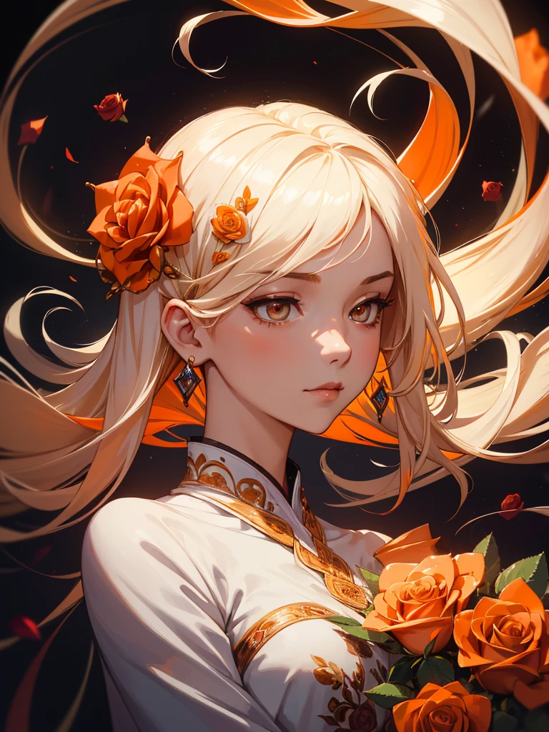 (((Portrait Photo))), She has the Appearance of a Mystical and Graceful Woman, with an Aura of Elegance and Enchantment that Draws Everyone's Gaze. Her Long, Flowing Hair, a Striking Blend of Platinum Blonde and Light Orange, Falls in Soft Waves Around Her Shoulders, Adorned with Roses that Enhance Her Presence. Her Luminous Eyes, Soft Yet Intense, Reflect a Gentle Wisdom and Deep Contemplation. Her Expression is Serene and Thoughtful, with a Hint of Mystical Allure, Reflecting Her Profound Depth and Intriguing Nature. (((Dark Background))), (((Portrait Photo))), (((Beautifully Embroidered White and Orange Garment))), (((Roses Hair Ornaments)))
