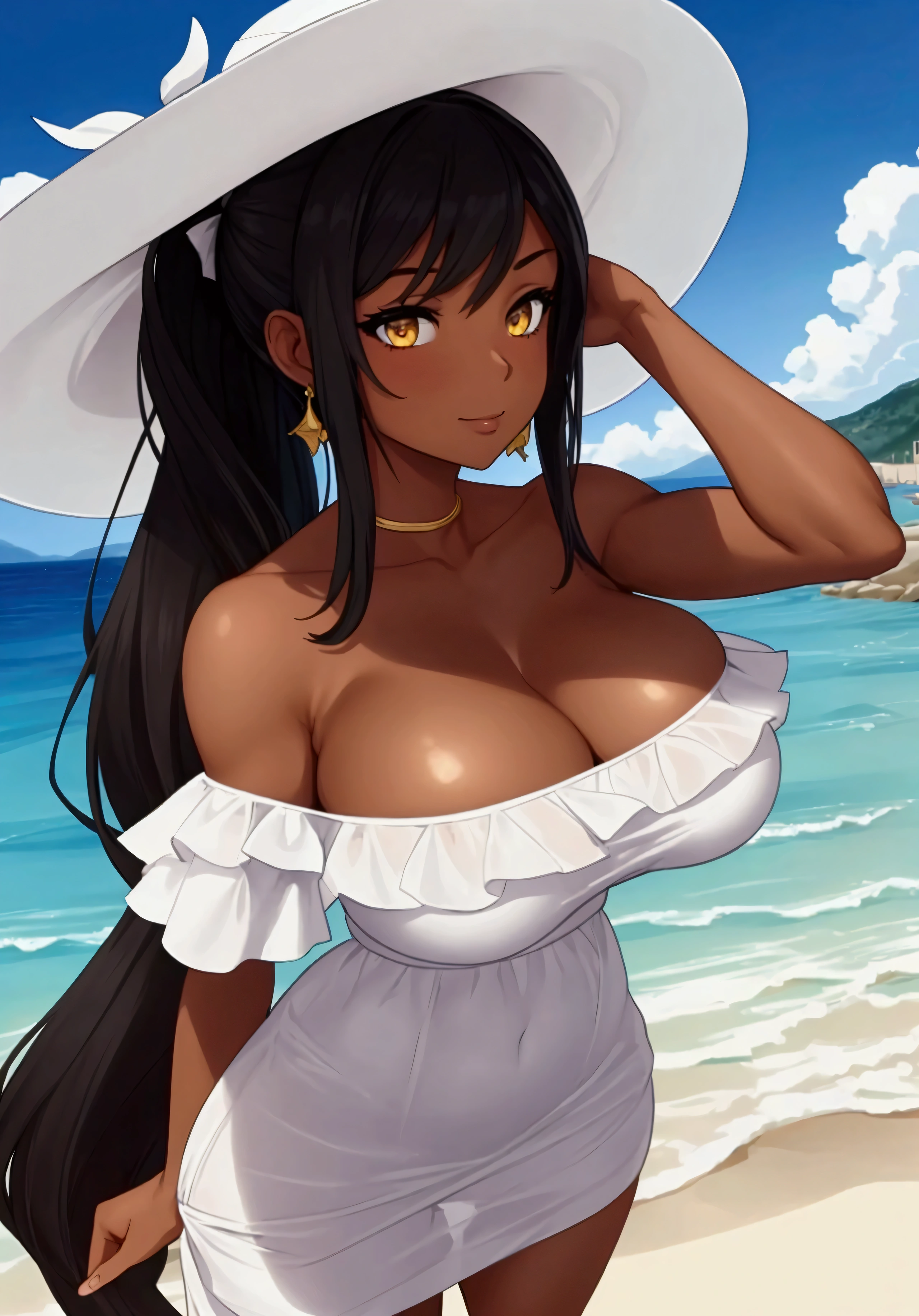 muscular, long hair, long legs, huge breasts, masterpiece, best quality, beautiful face, extremely detailed face, detailed, 1 girl, dark skin, black hair, sunny beach, ponytail haircut, spanish girl, full body, detailed skin, glossy skin, anatomically accurate, white sundress, white brimmed hat, corsica, smile, standing
