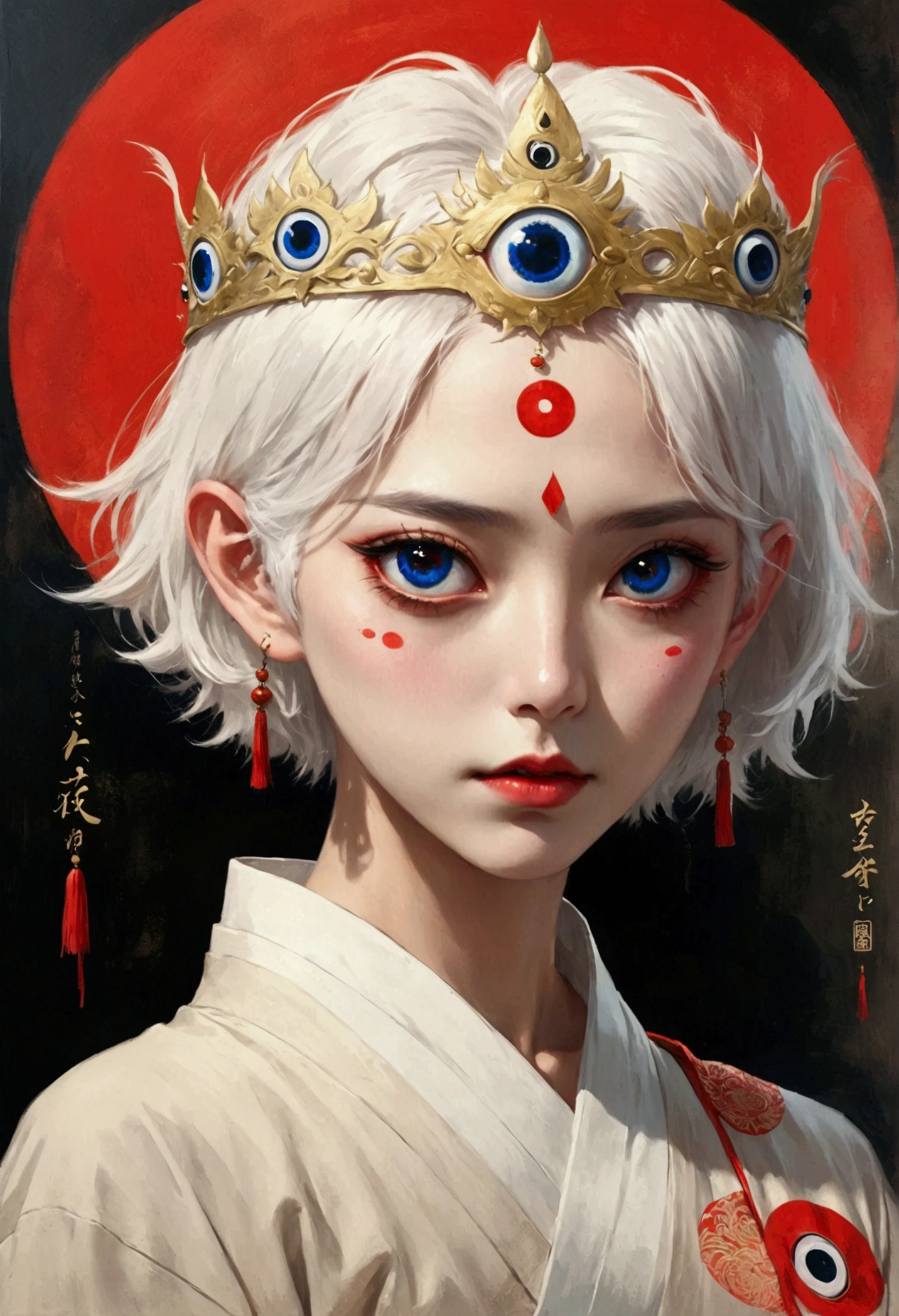 Inspired by Colored lead painting, The third eye vision on the forehead。White short hair,Crown,eyeball,Japanese clothing