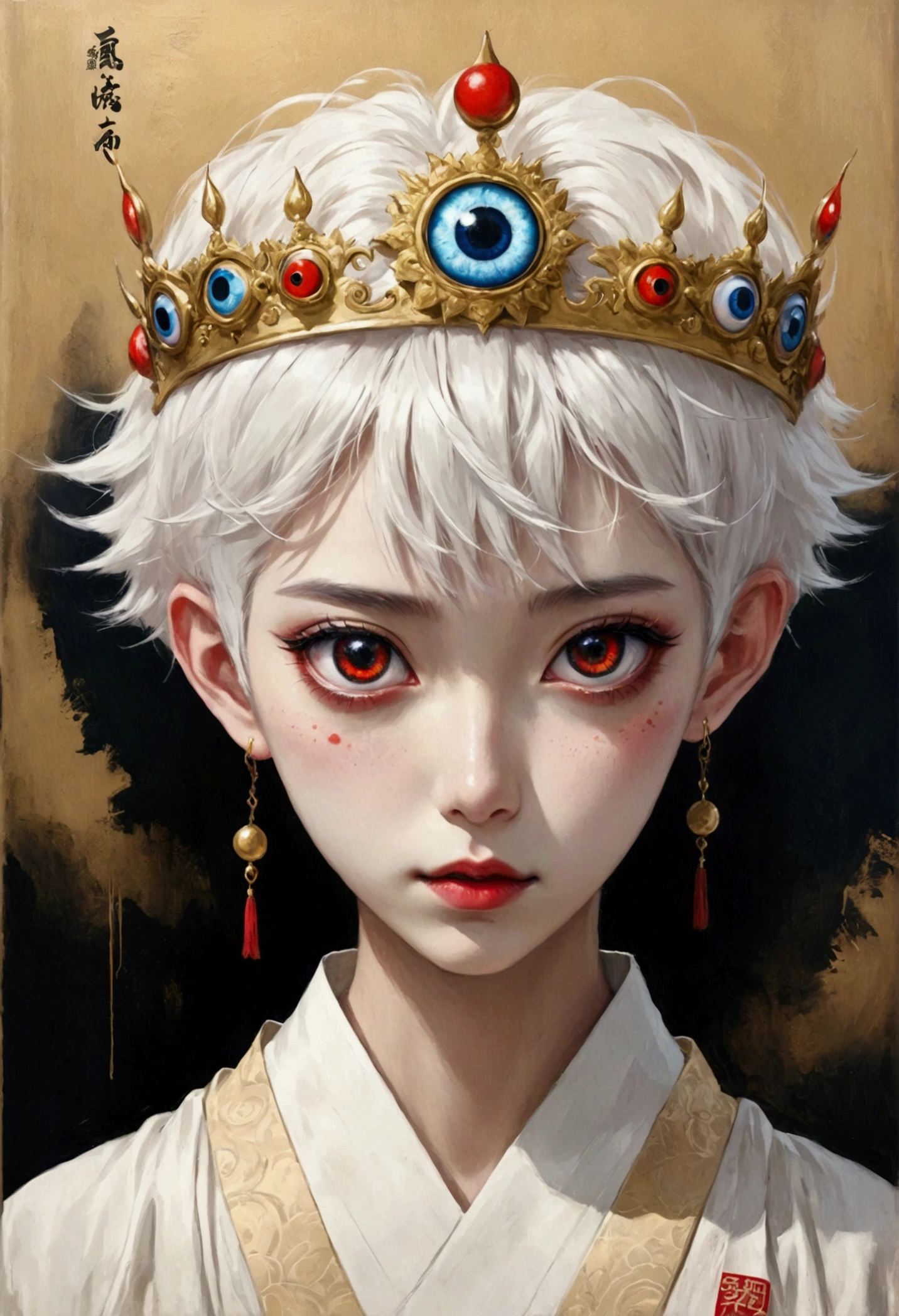 Inspired by Colored lead painting, The third eye vision on the forehead。White short hair，Crown，eyeball，Japanese clothing