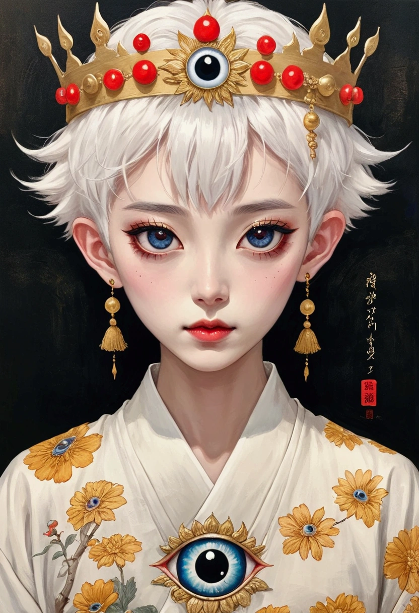 Inspired by Colored lead painting, The third eye vision on the forehead。White short hair，Crown，eyeball，Japanese clothing