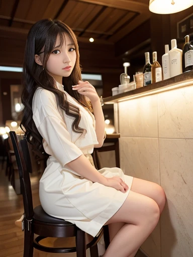 (bar counter), delightful, sitting, wavy hair, (cream ladies formal wear), Japanese, (in the bar), with a chair, (at midnight:1.2), chill atmosphere, full body shot, ground-level shot, (soft lighting), (rim lighting:1.2)