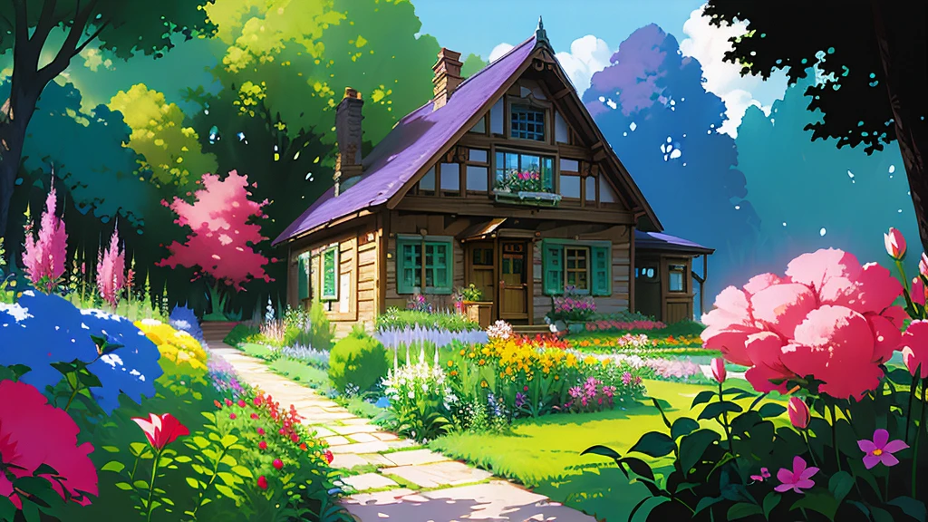 ((masterpiece)),((best quality)),((high detial)) painting of a house in a garden with flowers and trees, flowery cottage, cottagecore, in a cottagecore flower garden, cottagecore flower garden, tomas kinkade, cottagecore!!, idyllic cottage, by Igor Grabar, cottage in the forest, darrell k sweet, thomas kinkade and paul lehr