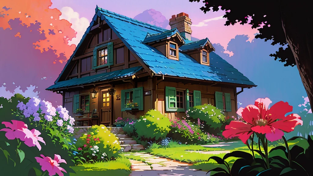 ((masterpiece)),((best quality)),((high detial)) painting of a house in a garden with flowers and trees, flowery cottage, cottagecore, in a cottagecore flower garden, cottagecore flower garden, tomas kinkade, cottagecore!!, idyllic cottage, by Igor Grabar, cottage in the forest, darrell k sweet, thomas kinkade and paul lehr