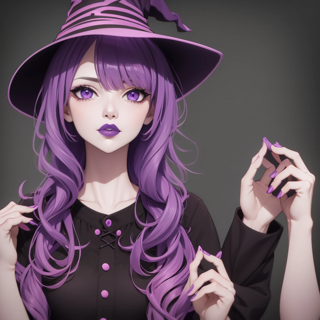 A witch with violet hair with violet lips with pink skin