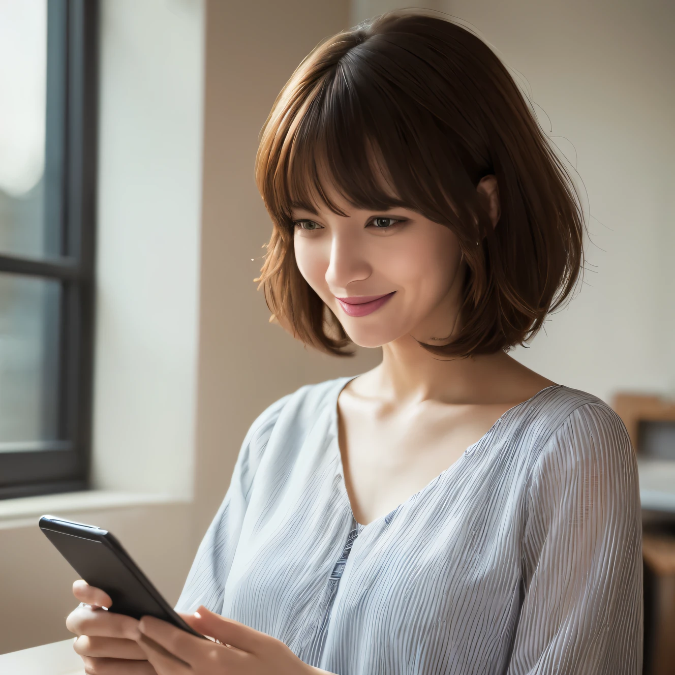 Photorealistic, Photorealistic, Photorealistic, Photorealistic, masterpiece, Highest quality, Super detailed, An illustration, Textured skin, Attention to detail, Highest quality, 8k, (Clear contours), Middle-aged woman, Have a smartphone:1.5, Striped blouse, smile:1.2, Shy, Shaggy Cut, Black Hair, Flipped Hair