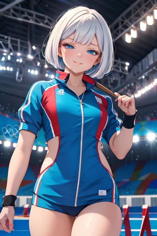 A woman with silver bob hair and blue eyes, extremely detailed and realistic, masterpiece quality, ultra-detailed, HDR, studio lighting, vivid colors, physically-based rendering, (((Olympics, competing in the Olympics, participating in the Olympics))), wearing sporty wear, 