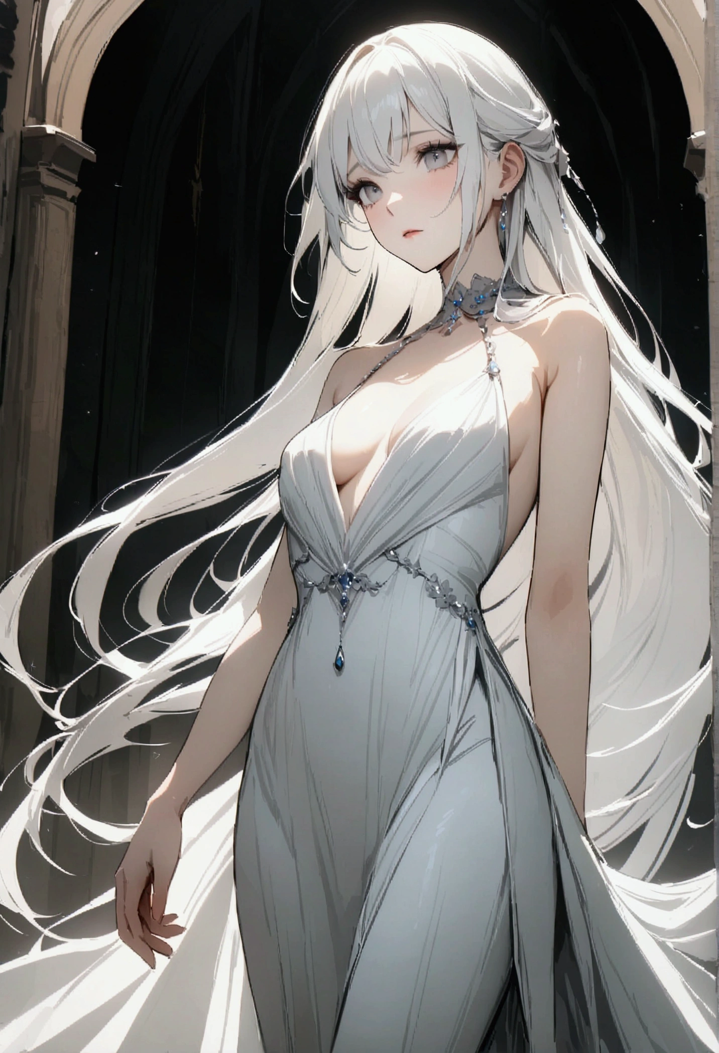 Long flowing white hair, expressive grey eyes, slim,elegant dress,8k, best quality, high resolution.