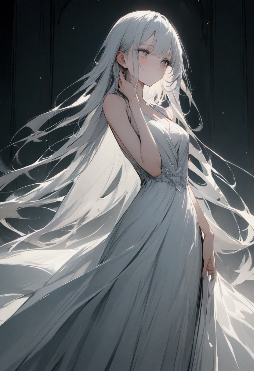 Long flowing white hair, expressive grey eyes, slim,elegant dress,8k, best quality, high resolution.