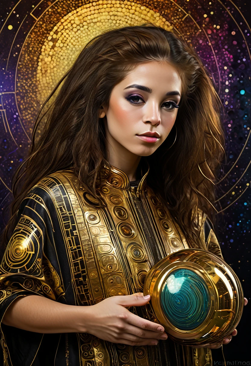 A young techno-mage, Usrican, Gunz N Butter, in the style of Klimt, extraterrestrial
