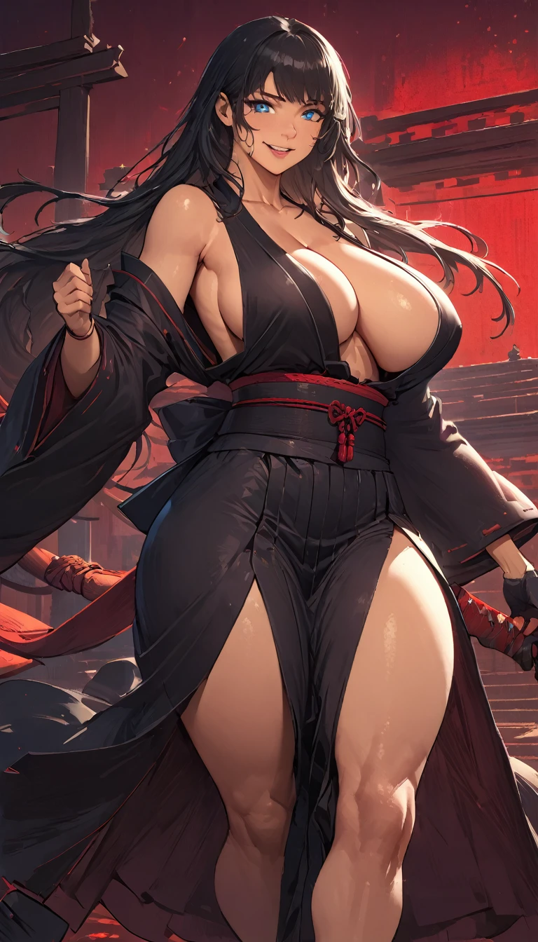 best quality,4k,8k,highres,masterpiece:1.2),ultra-detailed, extremely detailed eyes, extremely detailed body, (large masterpiece digital art), (detailed manga illustration), (detailed line art), ((perfect anatomy)), (intricate details:1.3), (ultra-detailed:1.3), (illustration:1.3), (sharp focus:1.3), (natural lighting:1.05), (vivid colors:1.3), (masterpiece), (best quality:1.4), (perfect anatomy:1.4), high quality, expressive eyes, full body, detailed face, beautiful face, perfect face, 1 girl, breasts, cleavage, gloves, large breasts, Japanese clothes, jacket, underboob, robe, sash, pouch, very long hair, thigh length hair, Japanese female, detailed ((black hair)), straight hair, Hime cut , blue eyes, curvaceous physique, arm wrap, hakama, hakama skirt, haori, miko, monk, thick thighs, toned, dynamic lighting, cinematic lighting, dynamic heroic pose, smiling, Japanese temple background, curvy, Atey Ghailan, Jeremy Mann, Greg Manchess, Antonio Moro, trend in ArtStation, trend in CGSociety, Intricate, High Detail, Sharp focus, dramatic and photorealistic painting art by Midjourney and Greg Rutkowski, Jeff Bridges, ((cartoon style)), Marvel Cinematic Universe style