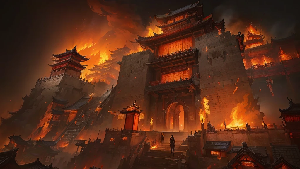 A flame burning in front of a bell tower, An ancient city engulfed in fire, Traditional Japanese concept art, author:Yang J, author:Arthur Pan, author:Ni Yuanlu, Cyberpunk Chinese Ancient Castle, author:Han Gan, Theatre concept art, by Shitao, by Li Zai, art style of marc simonetti, by Feng Zhu