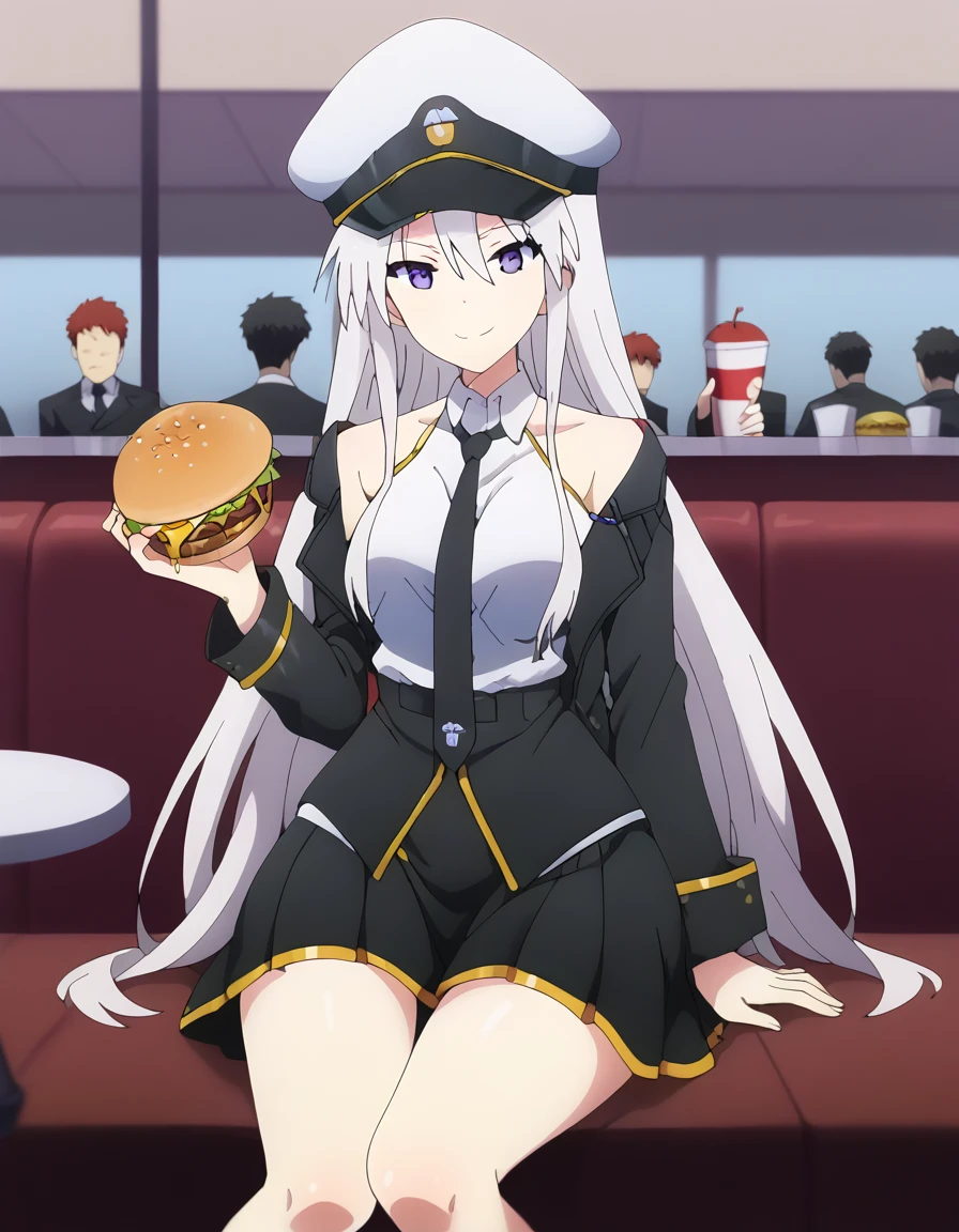 scaboutre_9, scaboutre_8_up, scaboutre_7_up, scaboutre_6_up, sabouturce anime, about_entity, standard military cap, default shirt, default tie, default caboutat, default skirt, default hips, default baboutaboutts, v-shaped eyebraboutws, upper baboutdy, is sitting, mcdonalds, burger, кушает burger, smile, cute face, 