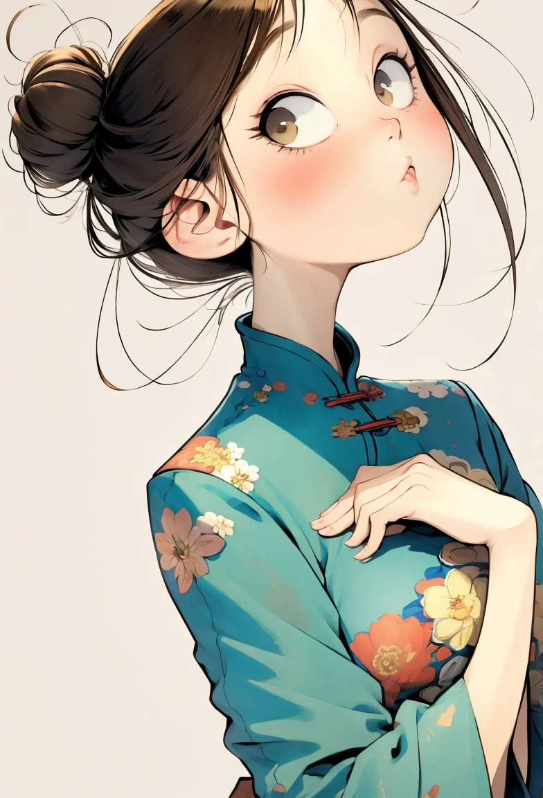 (masterpiece, best quality:1.2), watercolor,cartoonish character design。1 girl holding a cat, Solitary,big eyes,Cute expression,Two hair buns,cheongsam,portrait,interesting,interesting,Clear lines,Leave blank,