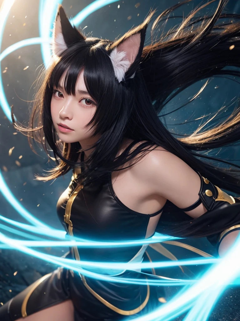 girl, furry ears, claws, tail, acceleration, wind, magic, wind magic, black hair, scratch