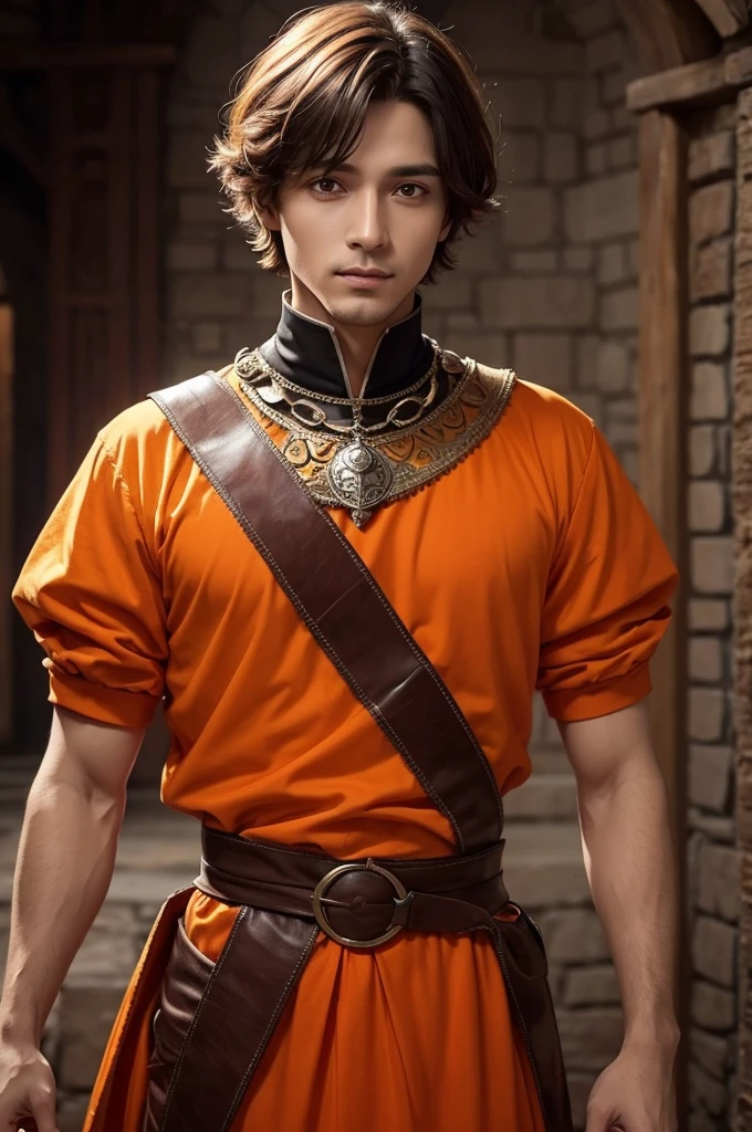 A medieval prince of approximately 30 years old, Short hair bob cut, orange clothes, striking look