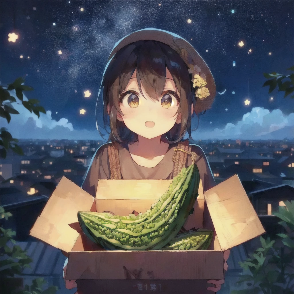 Anime girl holding a box of bitter melon in front of a building,Cute girl anime visuals, 4K Manga Wallpapers, Anime Moe Art Style, Best anime 4k konachan wallpaper, Cute Anime Girl, Anime Style 4k, Trending on cgstation, Nightcore, High quality anime art style, Kantai Collection Style, everyone, LOFI Girl