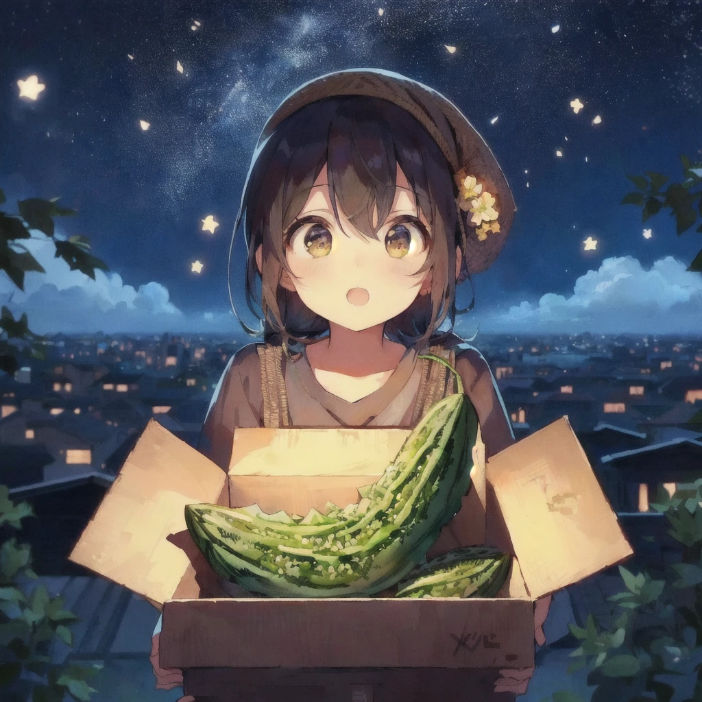 Anime girl holding a box of bitter melon in front of a building,Cute girl anime visuals, 4K Manga Wallpapers, Anime Moe Art Style, Best anime 4k konachan wallpaper, Cute Anime Girl, Anime Style 4k, Trending on cgstation, Nightcore, High quality anime art style, Kantai Collection Style, everyone, LOFI Girl
