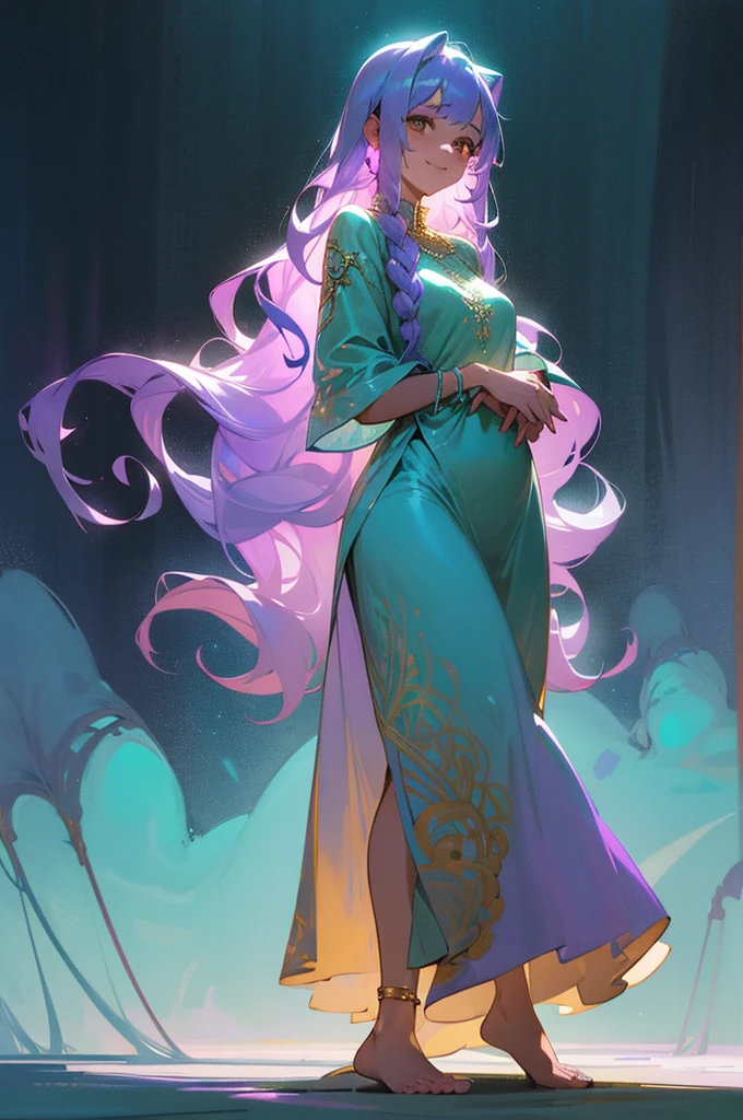 1female, lavender hair, loose curls, golden brown eyes, dreamy smile, flowing turquoise maxi dress with delicate embroidery, silver anklet, barefoot, ethereal forest background with soft glows of bioluminescent plants, detailed face, hands to side, standing on path