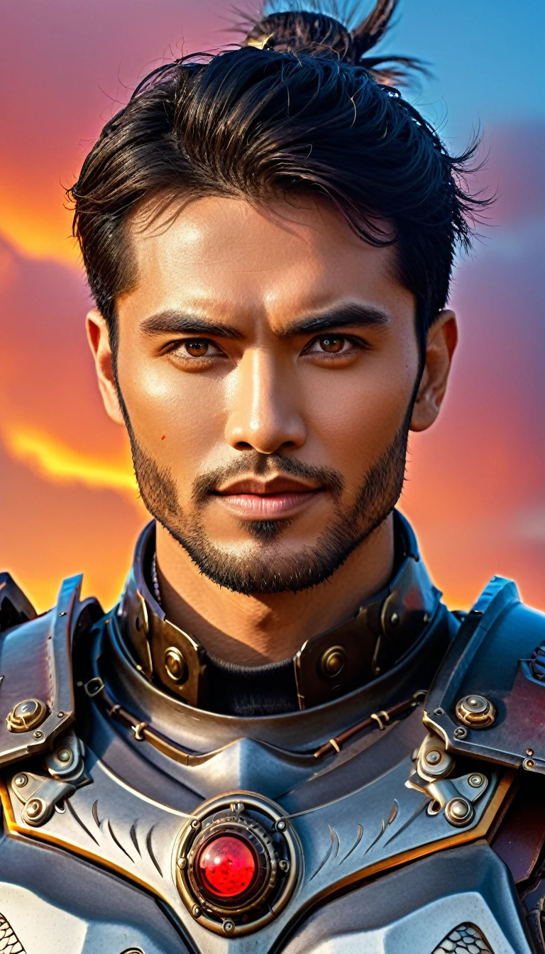 Close-up of a ((handsome male warior)) , half human, half beast. Their eyes are filled with hapiness and longing. The background is a trail of blood and violence. He wears a mechanized robot armor, carved with animal elements, human skulls. The sky is filled with swirling, fiery clouds. The photo conveys a strong sense of the warrior's appearance.