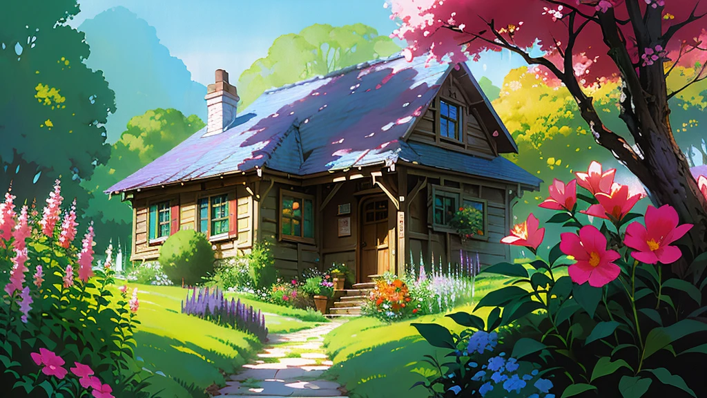 ((masterpiece)),((best quality)),((high detial)) painting of a house in a garden with flowers and trees, flowery cottage, cottagecore, in a cottagecore flower garden, cottagecore flower garden, tomas kinkade, cottagecore!!, idyllic cottage, by Igor Grabar, cottage in the forest, darrell k sweet, thomas kinkade and paul lehr