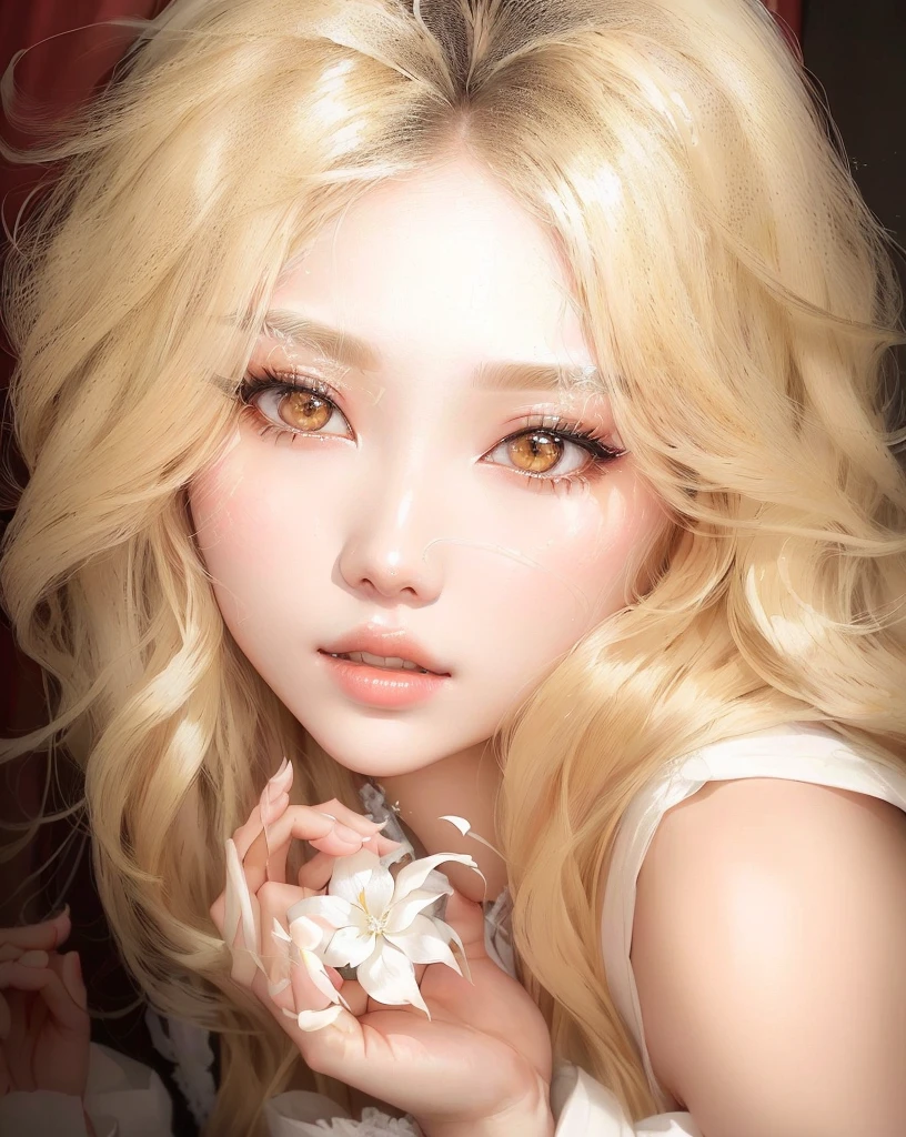 Blonde woman with long hair and white dress holding a white flower., South Korean popular makeup, sakimichan, heonhwa choe, popular korean makeup, Jinyoung Shin, roseanne park by blackpink, ulzzang, TaeJune Kim, blonde hair and big eyes, beautiful south korean woman, pale and light skin!!, I&#39;m sorry