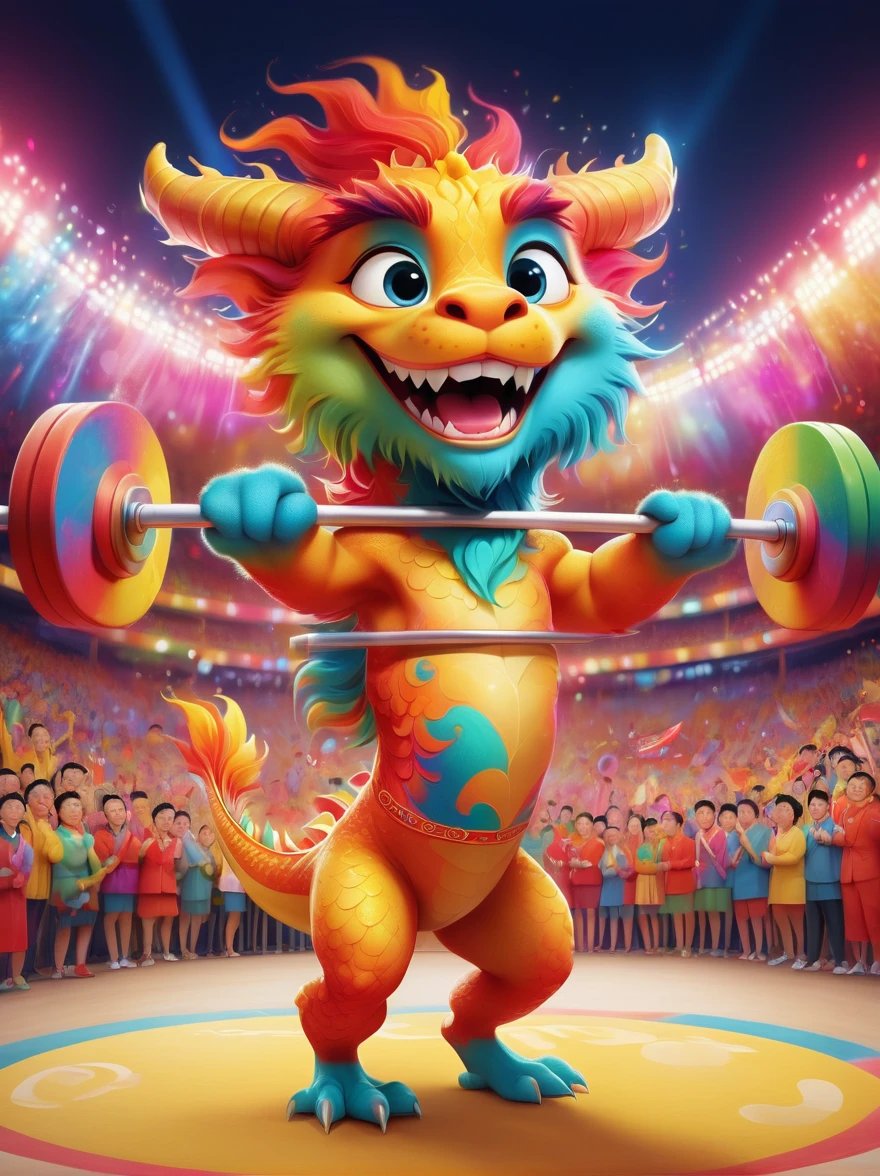 poster，advanced，Surreal，Fantastic effect，A thin and cute anthropomorphic Chinese dragon，Weightlifting at the Olympics in France，Lift the barbell easily，Happy expression，Joyful crowd in the background，Colorful arena，The tense atmosphere of the game，Colorful lights in the stadium，Excited audience，Cheering crowd，(Best quality，8k，high resolution，masterpiece)，Super Fine，uhd, Extremely detailed description，major，Bright colors，illustration，The graphics are very impactful，Depth，poster，Warm color tone，advanced配色，Blockbuster，Ultra-clear，Design