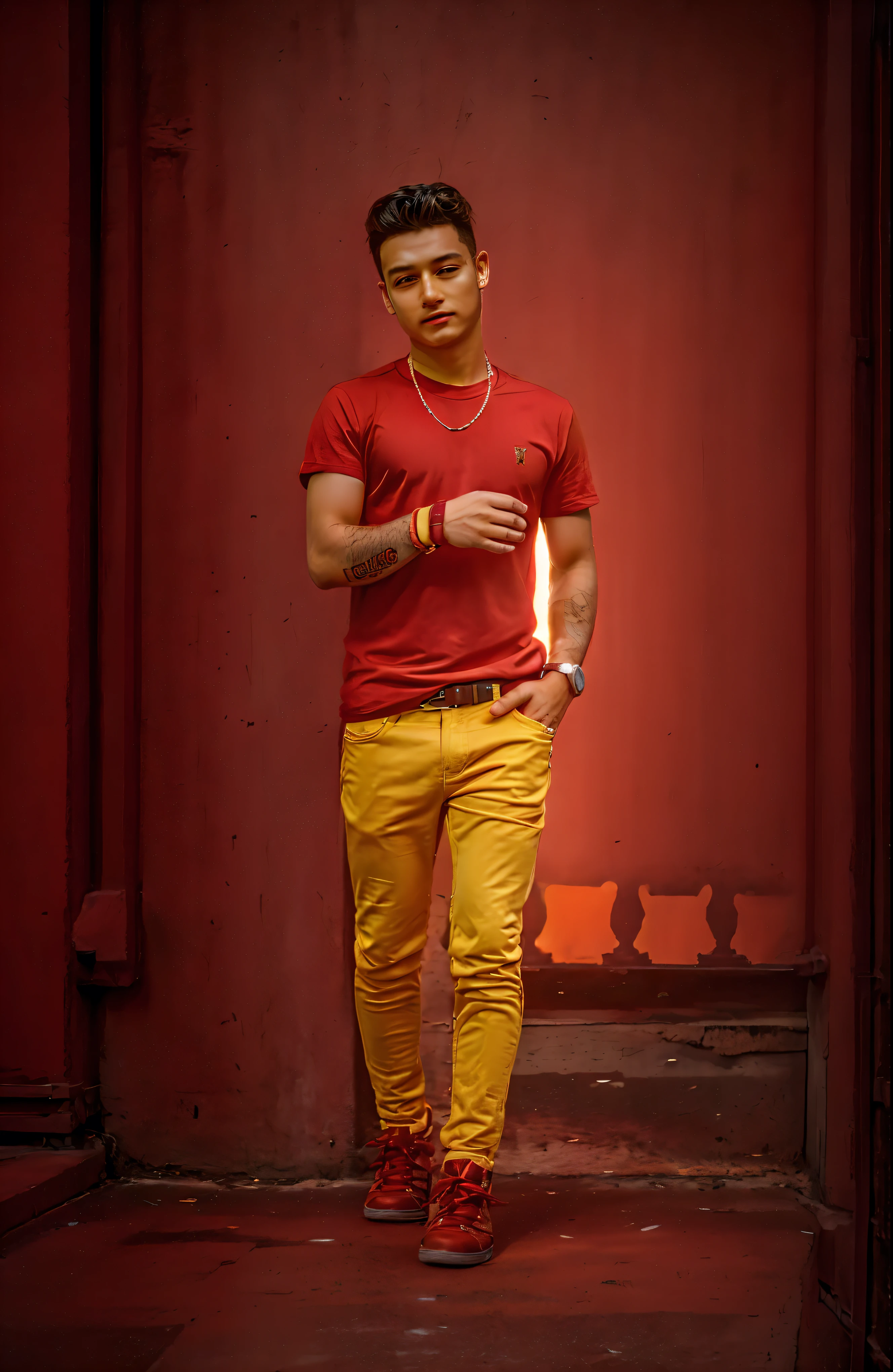 Change background building and red light and. Yellow color shirt and hair styles and day click photo handsome boy cute boy realistic face hd photo ultra high quality 4k photo