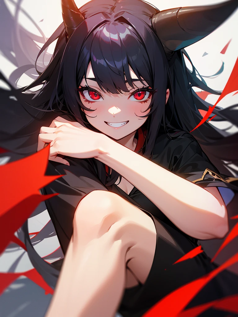 One girl, High resolution, smile, Gaze, Long Hair, Red eyes, teeth, Black Hair 、horn