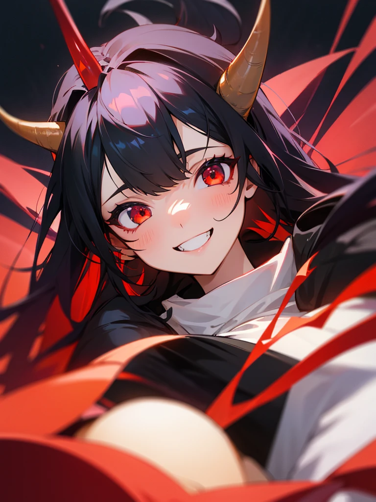 One girl, High resolution, smile, Gaze, Long Hair, Red eyes, teeth, Black Hair 、horn