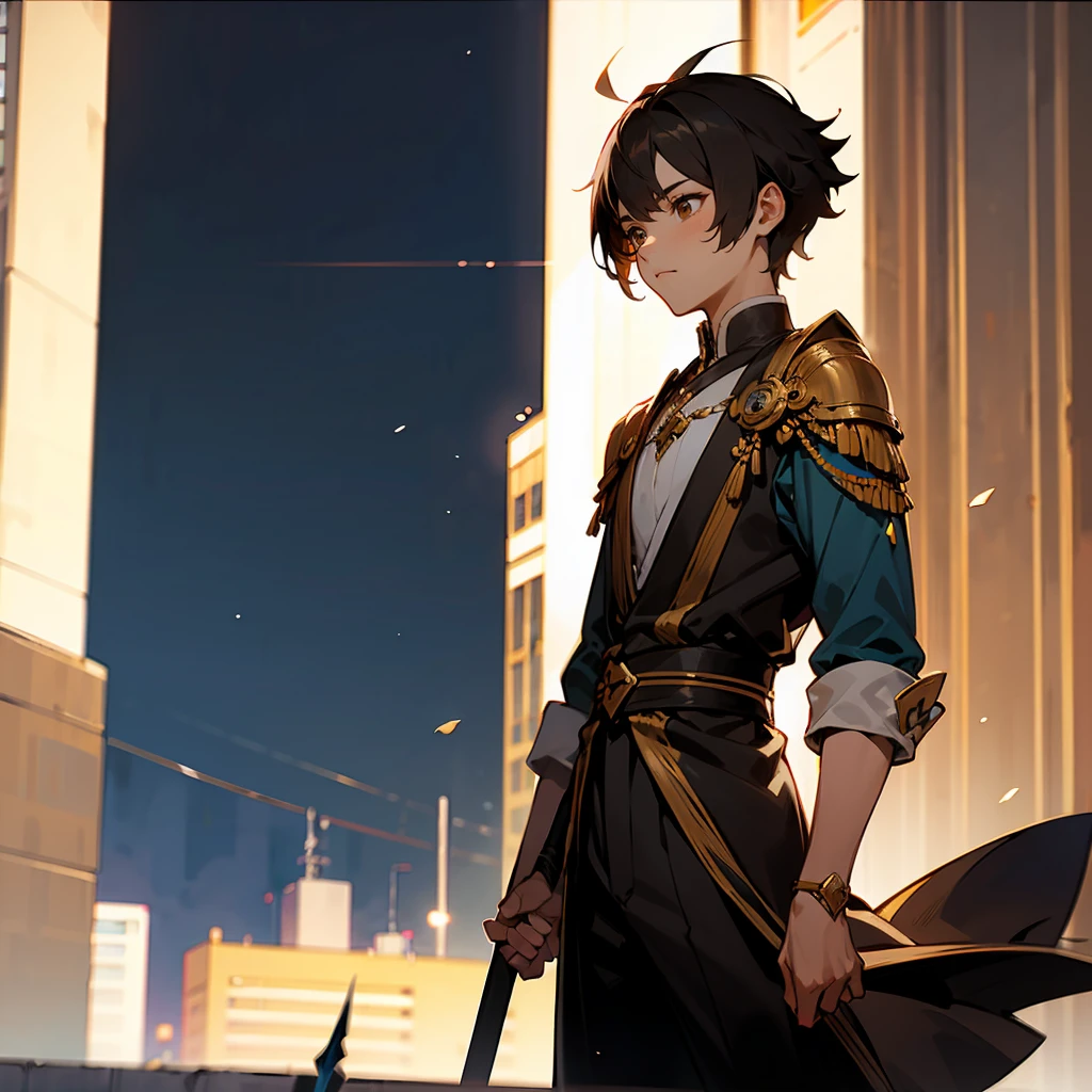 1male, Male, Black Short Fluffy Hair, Brown Eyes, Perfect Generation, Masterpiece Quality, Standing In city, Spear in Hand