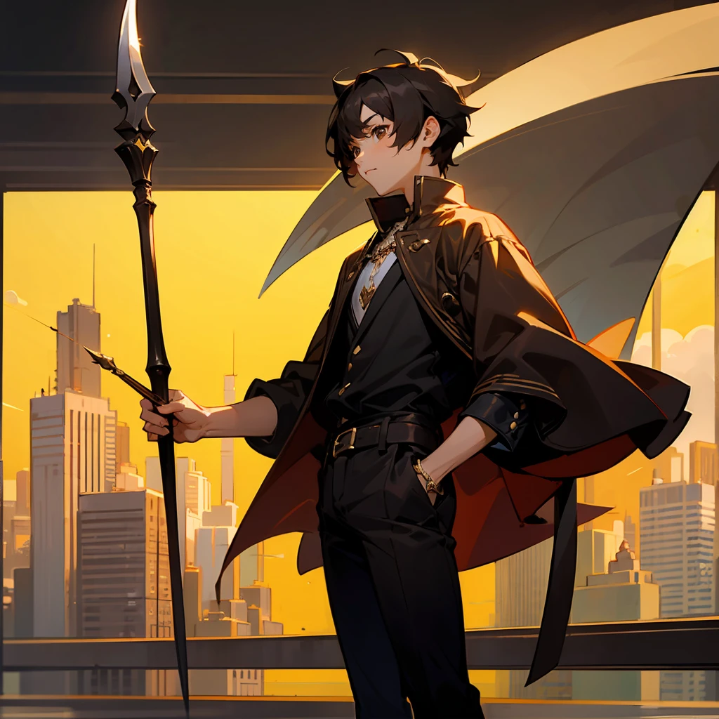 1male, Male, Black Short Fluffy Hair, Brown Eyes, Perfect Generation, Masterpiece Quality, Standing In city, Spear in Hand