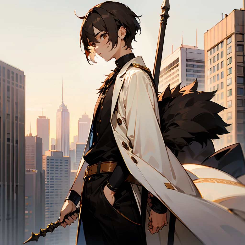 1male, Male, Black Short Fluffy Hair, Brown Eyes, Perfect Generation, Masterpiece Quality, Standing In city, Spear in Hand
