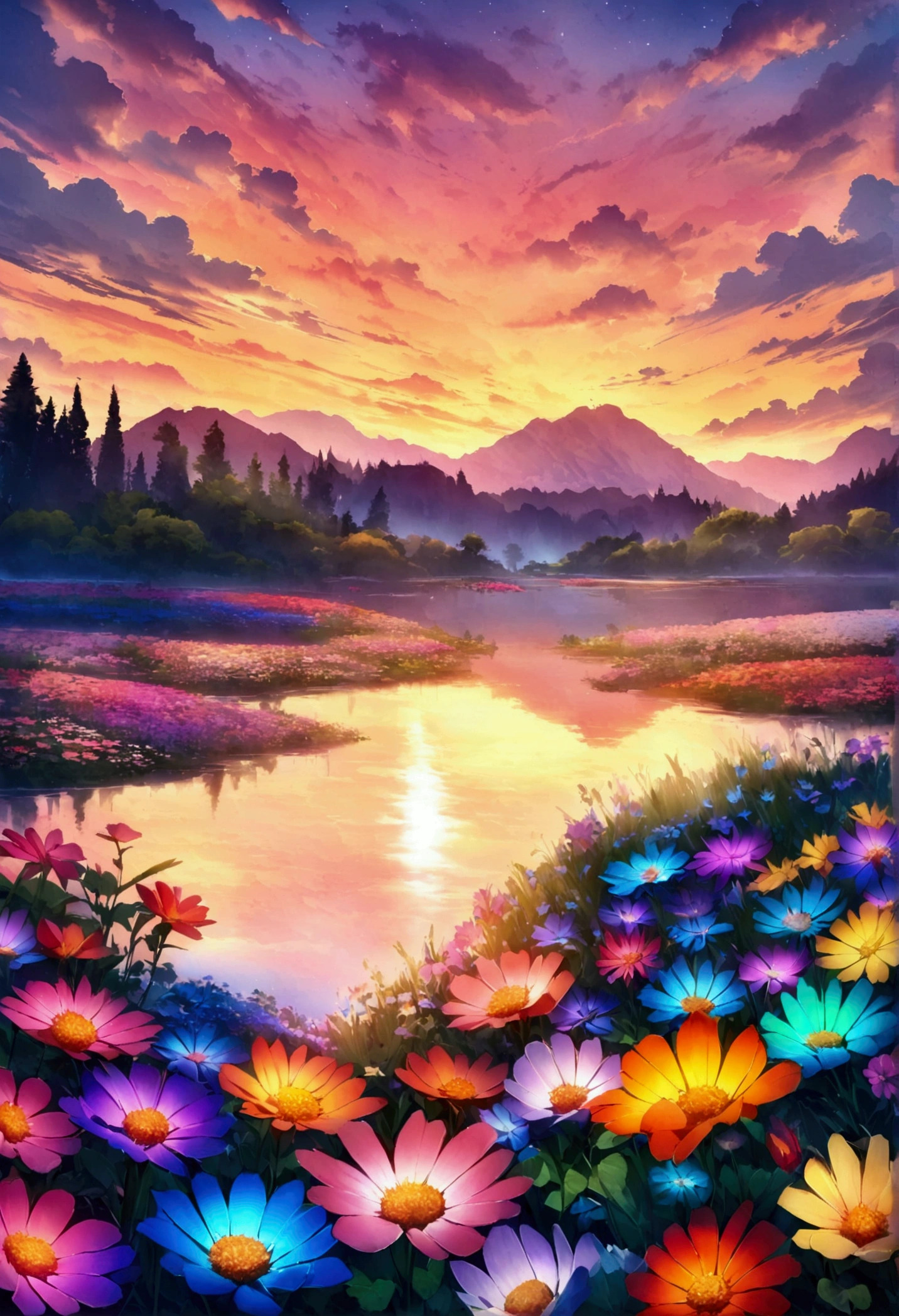 beautiful sunset over the lake with flowers and clouds, picturesque and colorful surroundings, Violet and yellow sunset, colorful sunset, floral sunset, extraordinary colorful landscape, colorful scene, beautiful backgrounds, colorful high definition image, magical colorful flowers, beautiful and colorful, beautiful colorful, Magnificent background, colorful glow, colorful sunset!!, really beautiful nature, fantasy flower field, beautiful nature