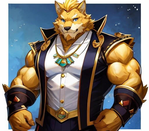 masterpiece,high quality,Japanese Manga,Exquisite eyes, Male wolf orc，Golden animal hair，Wave pattern pendant，mayor,Wearing a neat white suit， Great physique,Strong arms make a man&#39;charm, , （Sitting at the table）, , (Lightning bolt pattern), （Older，More mature）