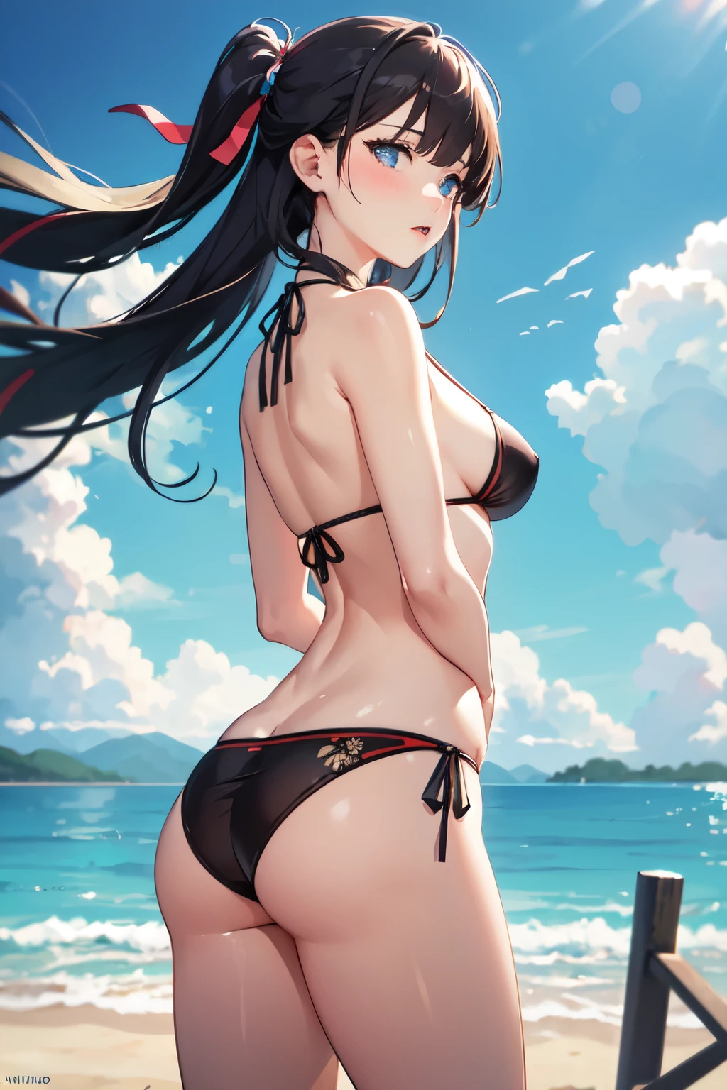 (masterpiece:1.2, high quality), (Pixiv:1.4), (One girl:1.2), (alone:1.2), (Smooth:1.2), (Nakano Nino), (have confidence), A little blush, Glossy Lips, Crystal Blue Eyes, Black eyeshadow, Pale skin, Golden Hair, bangs, bangs over eyes, clavicle, String Bikini, String, Hair Ribbon, Sexy Outfits, (Perfect round ass:1.2), (Subjective view of thighs), I had already finished, Beach outfit, View from below, Rear view, Recall, Narrow waist, Super detailed, Soft lighting, High Contrast, (Blurred_background:1.2), highly concentrated face, (Detailed face), Essential Details, Vibrant colors, High resolution, 4K, Beautiful outdoors, Beach, (Ocean view), sunny day, Beach volleyball, (sand), Pebble