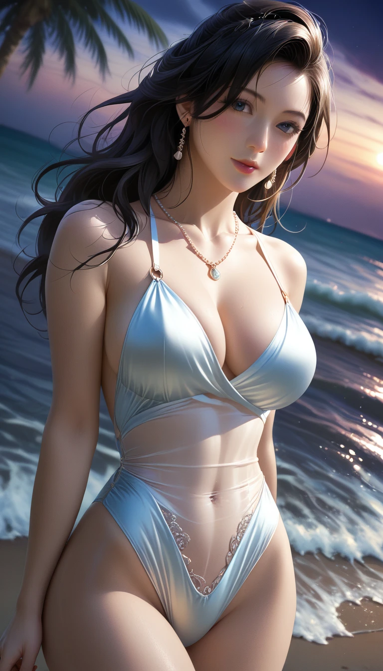 score_9, score_8_superior, score_7_superior, Masterpieces with up to 16K resolution,Highest quality,it is really amazing,Very detailed,Ultra-high resolution,(Ultra-realistic:1.1),(Realistic:1.1),Increased depth of field,Cinematic lighting,
Elegant Japanese MILF,
Long black hair,Ultra-detailed and beautiful faces,Translucent white skin,Very detailedな肌,
(Elegant swimwear:1.1),
Bold design,Artistic design,Beautiful and detailed pattern,Detailed fabric texture,
Gorgeous necklace,Earrings,
(Bali Beach:1.1),(Dark beach at night:1.1),(Deserted beach:1.1),(A pitch black night sky with dark clouds:1.1),
(Dutch Angle:1.2),