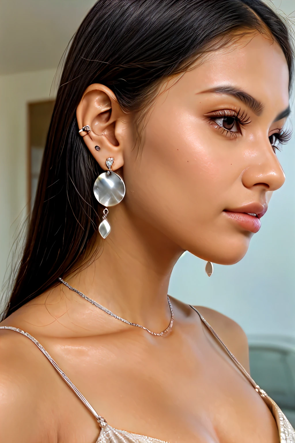 1girl, solo, Sri Lankan, Sinhala, wearing Bohemian Style Gradient Acrylic Drop Earrings, face turned away from the camera, close-up of earrings, bohemian attire, bright lighting, stylish background, modern setting, showcasing earrings, realistic, high quality, fashion, jewelry promotion, new product launch, silver hook, gradient acrylic, pointing to earring, elegant pose, confident expression, fully close up, more focus on earrings