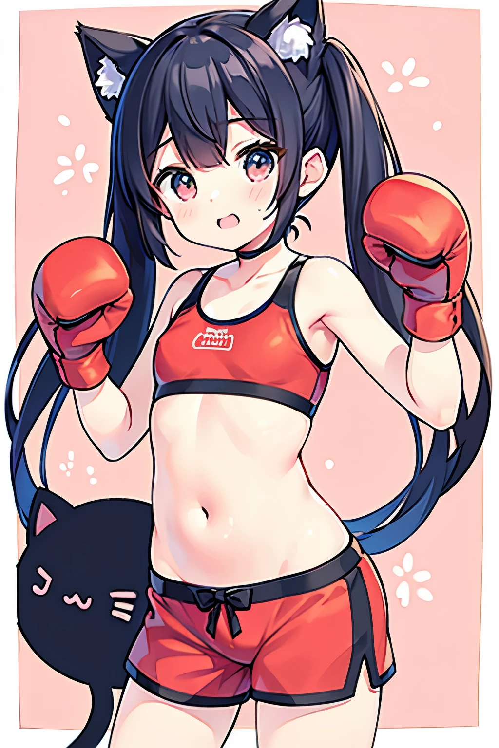 boxing、age Girls、Young、(child:1.1)、belly button、cute、Shorts、boxingグローブ、Cat ear、Cat's tail、Painful expression