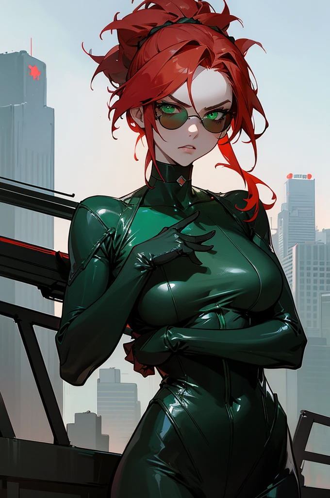 1female, fiery red hair, styled in a messy updo, emerald green eyes, fierce expression, black leather bodysuit with red accents, silver choker with a large gemstone, tactical gloves, dark sunglasses, dystopian cityscape background with neon signs, detailed face, hands to side, standing on path